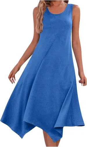 Women's Trendy Dress Round Neck Sleeveless Dress Casual Irregular A-line Hem Long Dresses Daily Vacation Wear