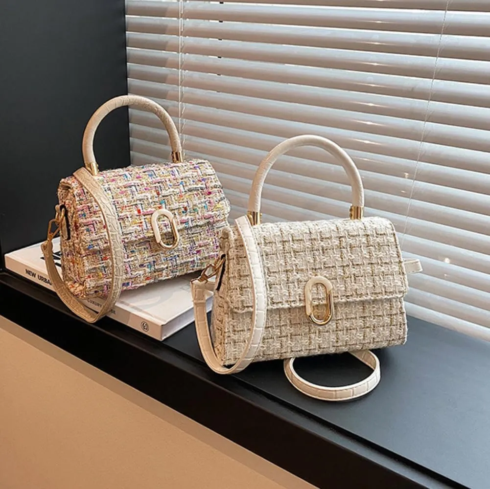 Women’s Tweed Plaid Square Handbag, Retro Quilted Woven Embroidered Shoulder Bag, Ladies Cute Woolen Top Handle Satchel Tote