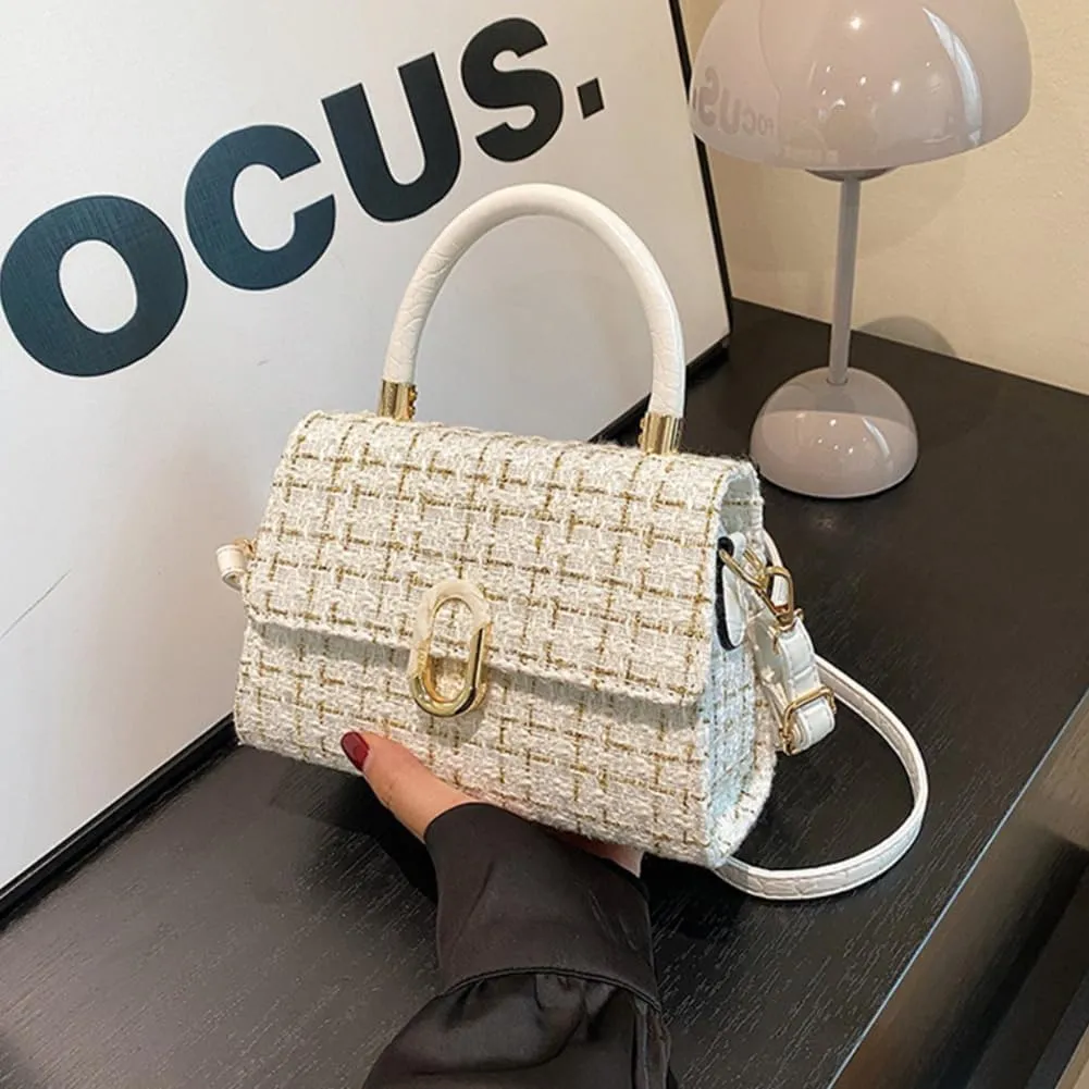 Women’s Tweed Plaid Square Handbag, Retro Quilted Woven Embroidered Shoulder Bag, Ladies Cute Woolen Top Handle Satchel Tote