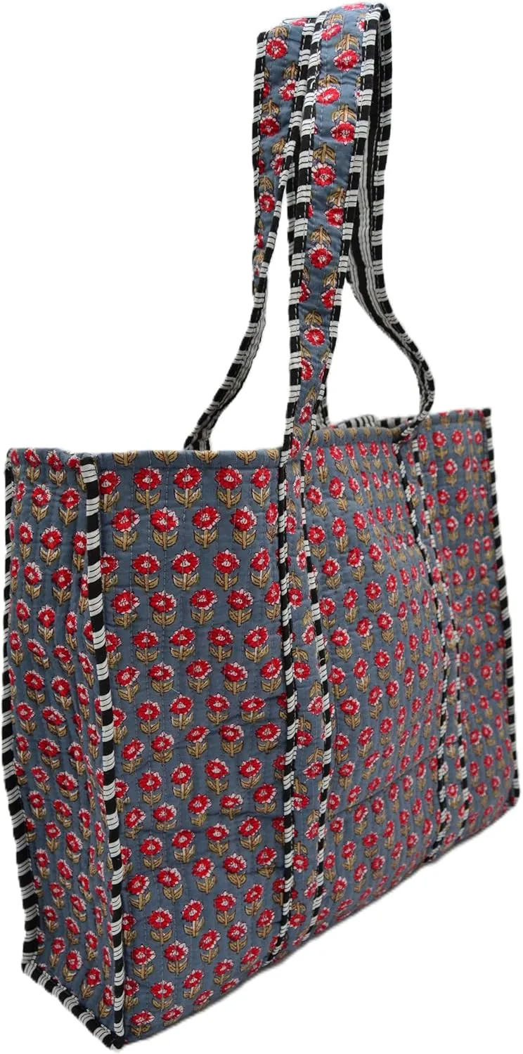 Women's Unique Quilted Large Cotton Fabric Tote Bag Travel Grocery Shopping Weekend Trips with Inside Pocket