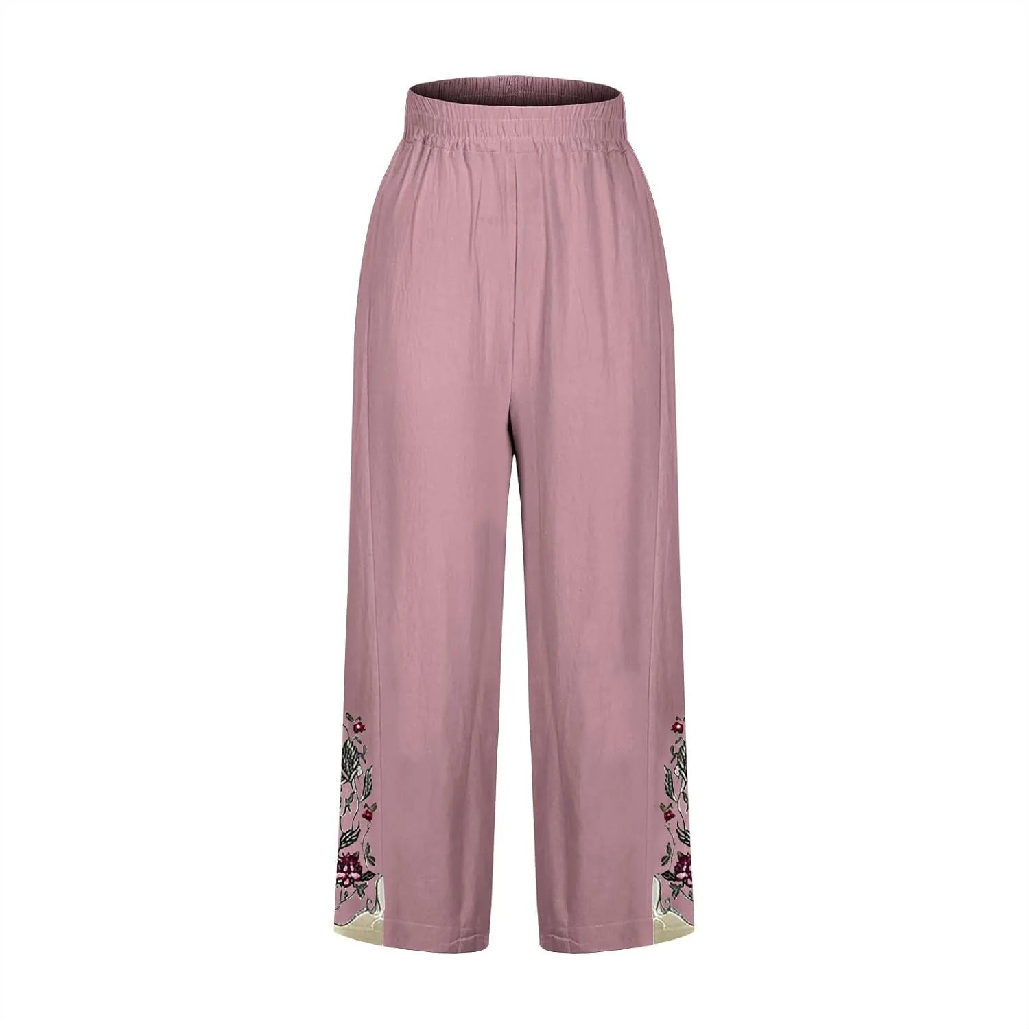 Women's Vintage Cotton Linen Pants Wide Leg Elastic Waist Cropped Trousers Floral Embroidered Comfy Lounge Outfits