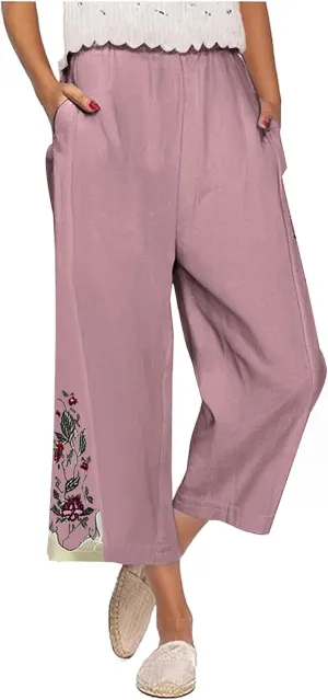 Women's Vintage Cotton Linen Pants Wide Leg Elastic Waist Cropped Trousers Floral Embroidered Comfy Lounge Outfits