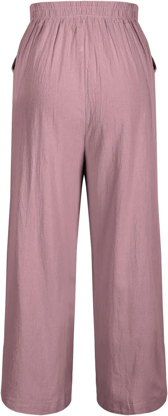 Women's Vintage Cotton Linen Pants Wide Leg Elastic Waist Cropped Trousers Floral Embroidered Comfy Lounge Outfits