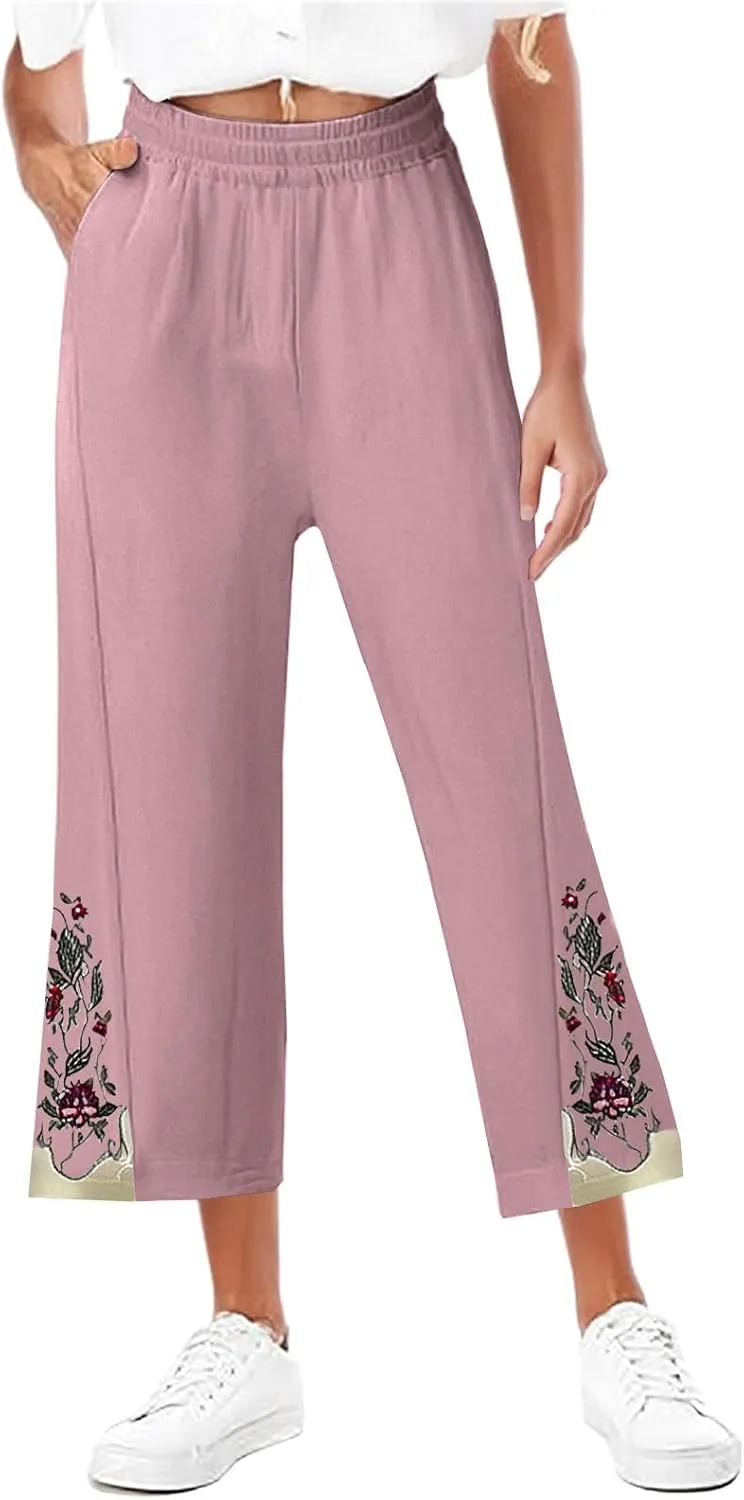 Women's Vintage Cotton Linen Pants Wide Leg Elastic Waist Cropped Trousers Floral Embroidered Comfy Lounge Outfits
