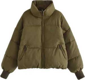 Womens Winter Cropped Puffer Jacket Baggy Lightweight Down Coats Zip Up Stand Collar Short Jackets Padded Outerwear