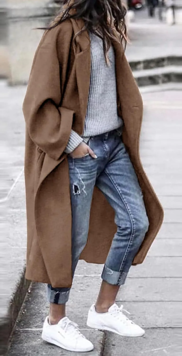 Women's Winter Wool Coat Notch Lapel Single Breasted Casual Mid Long Pea Trench Coat
