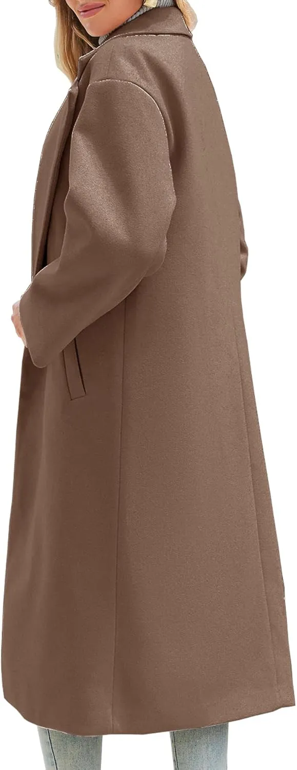 Women's Winter Wool Coat Notch Lapel Single Breasted Casual Mid Long Pea Trench Coat