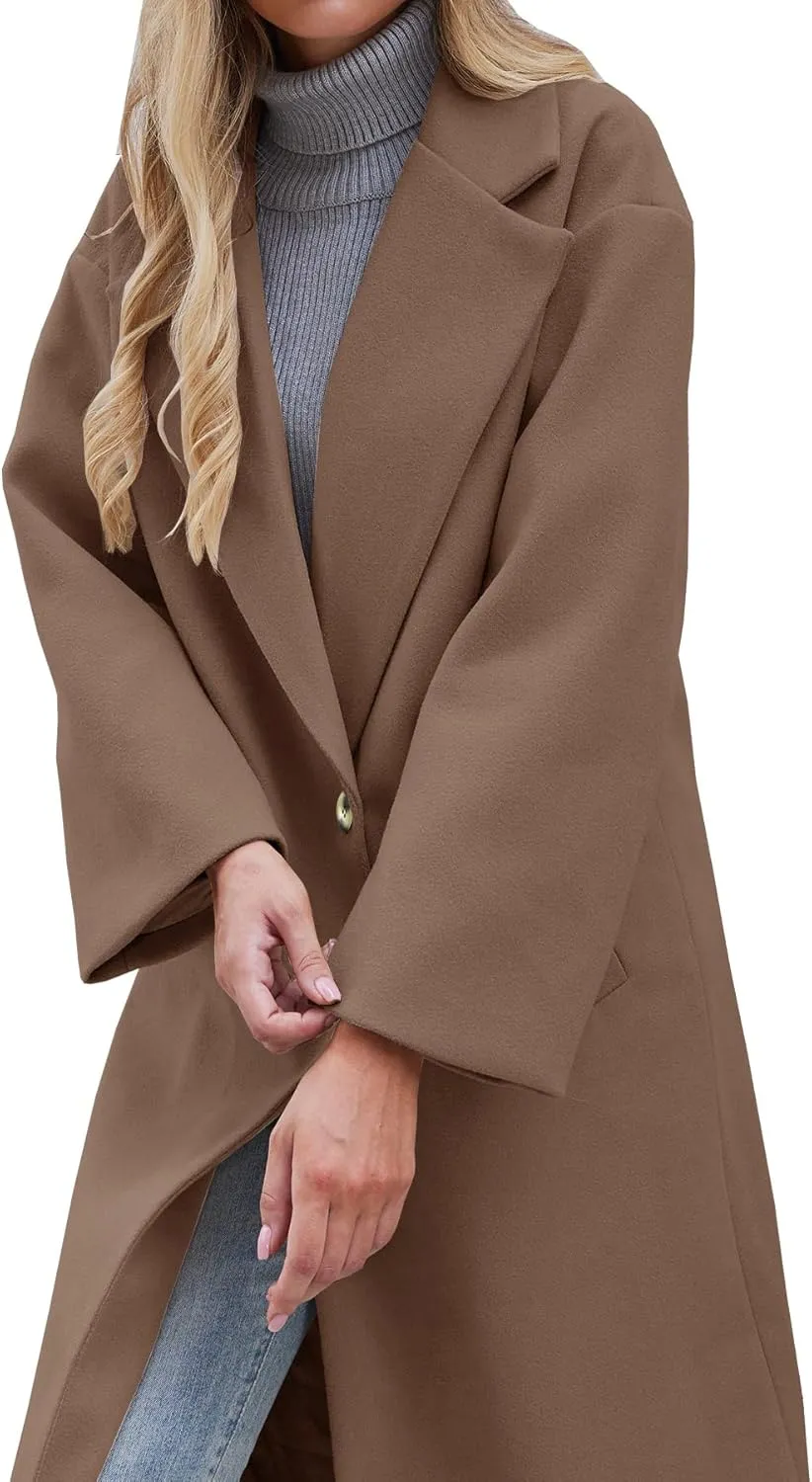 Women's Winter Wool Coat Notch Lapel Single Breasted Casual Mid Long Pea Trench Coat