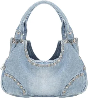 Women's Y2K Aesthetic Denim Purse Trendy Rhinestone Hobo Shoulder Bags Washed Jean Crossbody Bags