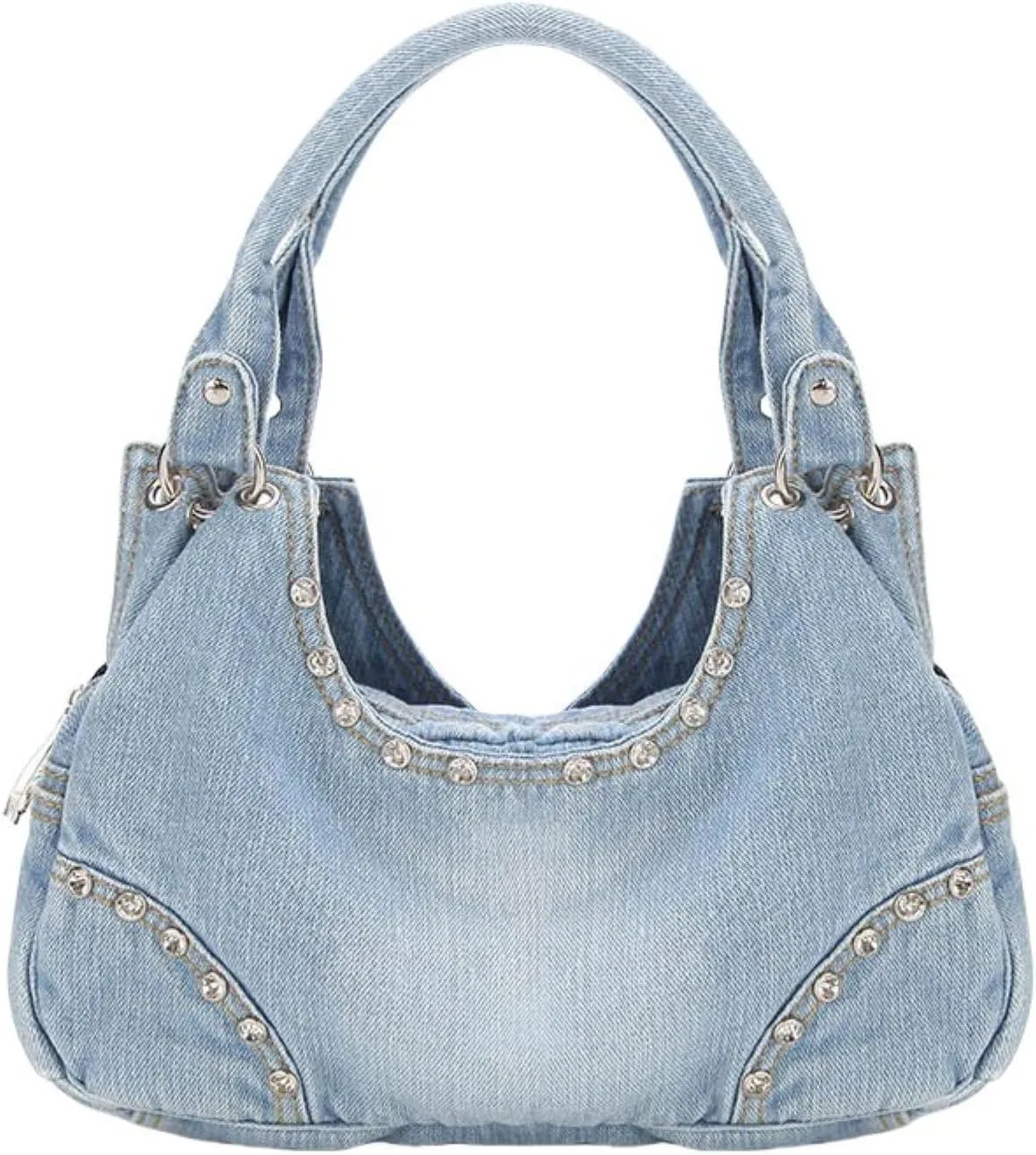 Women's Y2K Aesthetic Denim Purse Trendy Rhinestone Hobo Shoulder Bags Washed Jean Crossbody Bags