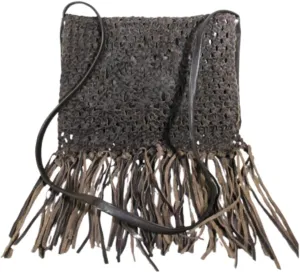 Woven Leather Crossbody Handbag with Fringe, Brown, Bohemian Style