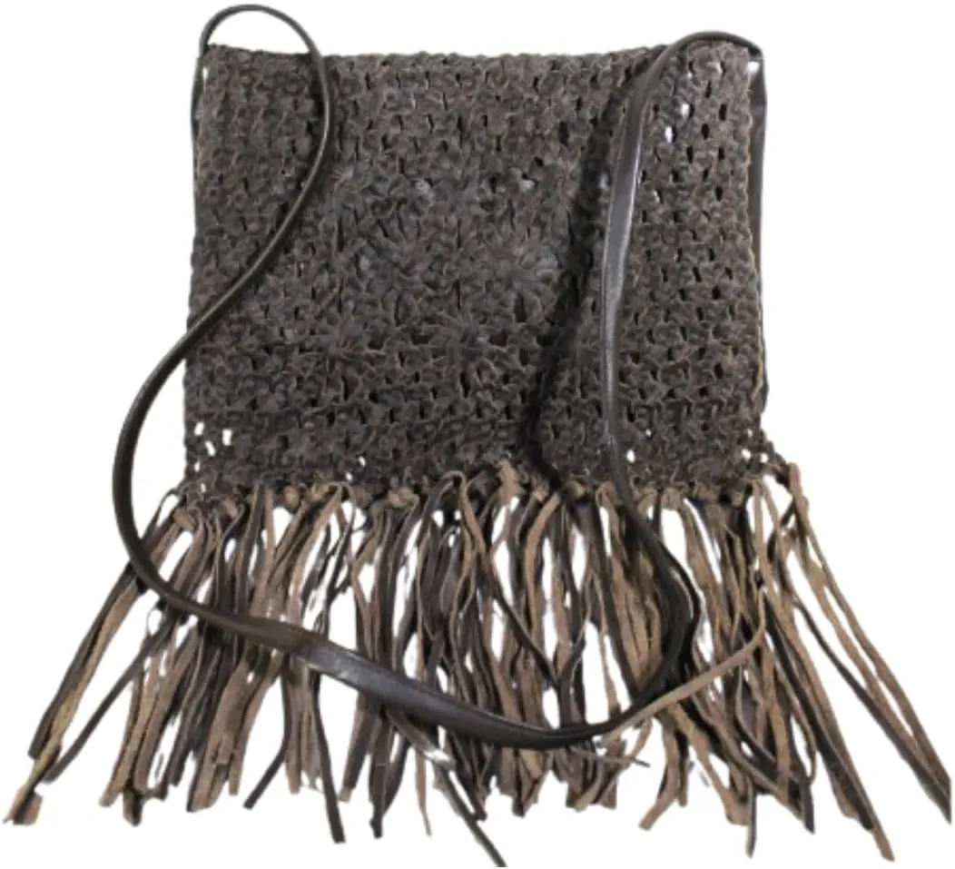 Woven Leather Crossbody Handbag with Fringe, Brown, Bohemian Style