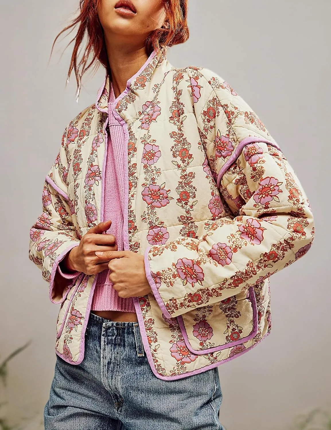 Wyeysyt Women's Cropped Puffer Jacket Lightweight Floral Print Long Sleeve Padded Quilted Puffy Cardigan Coat