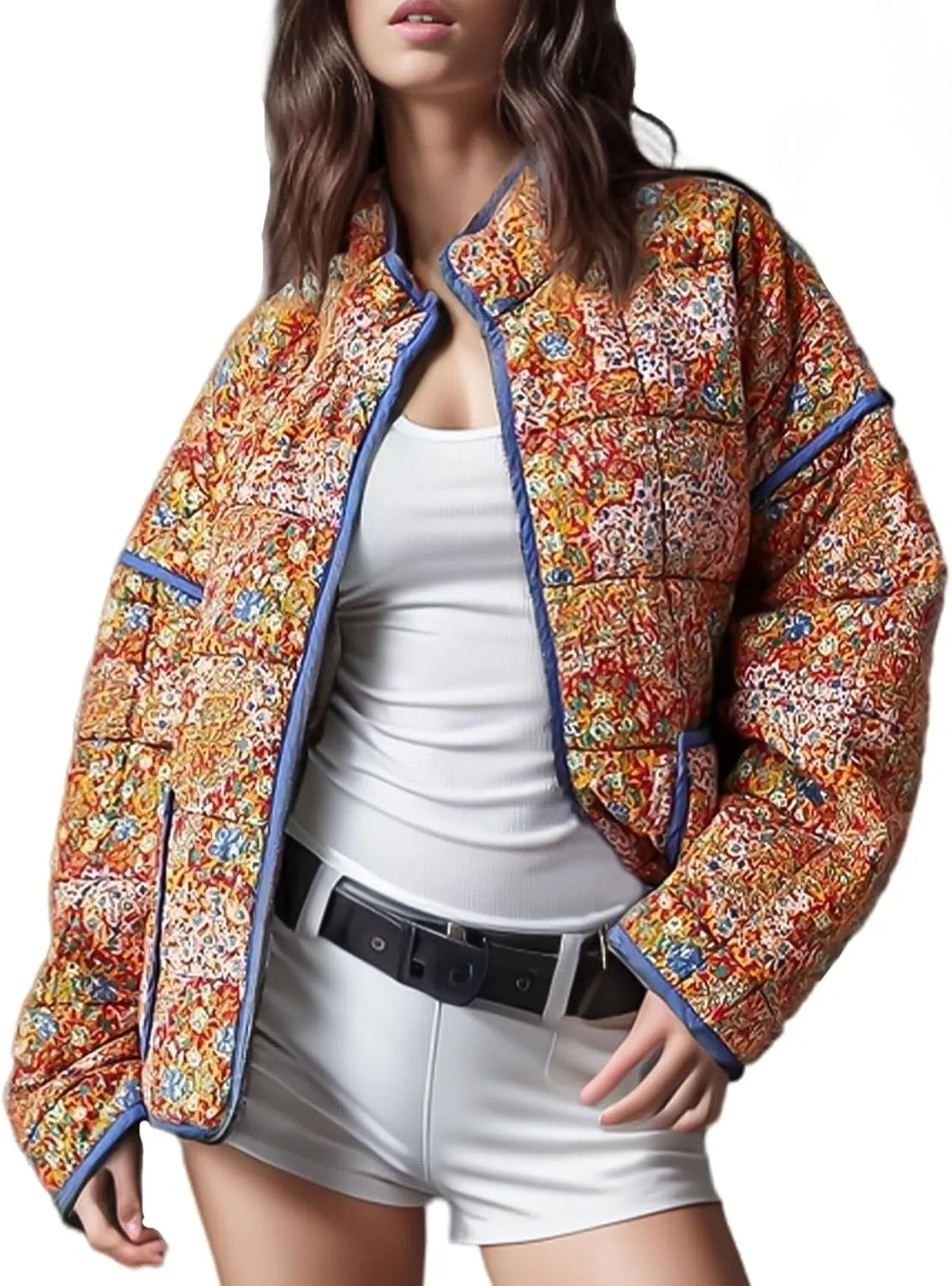 Wyeysyt Women's Cropped Puffer Jacket Lightweight Floral Print Long Sleeve Padded Quilted Puffy Cardigan Coat