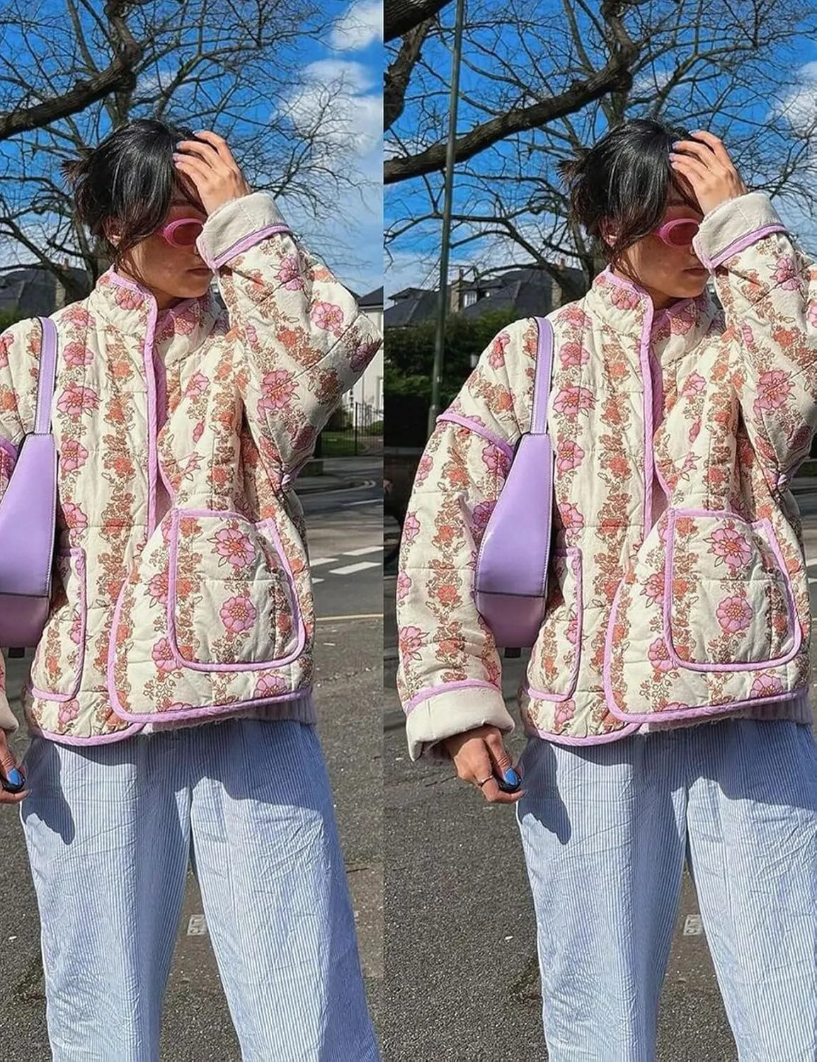 Wyeysyt Women's Cropped Puffer Jacket Lightweight Floral Print Long Sleeve Padded Quilted Puffy Cardigan Coat