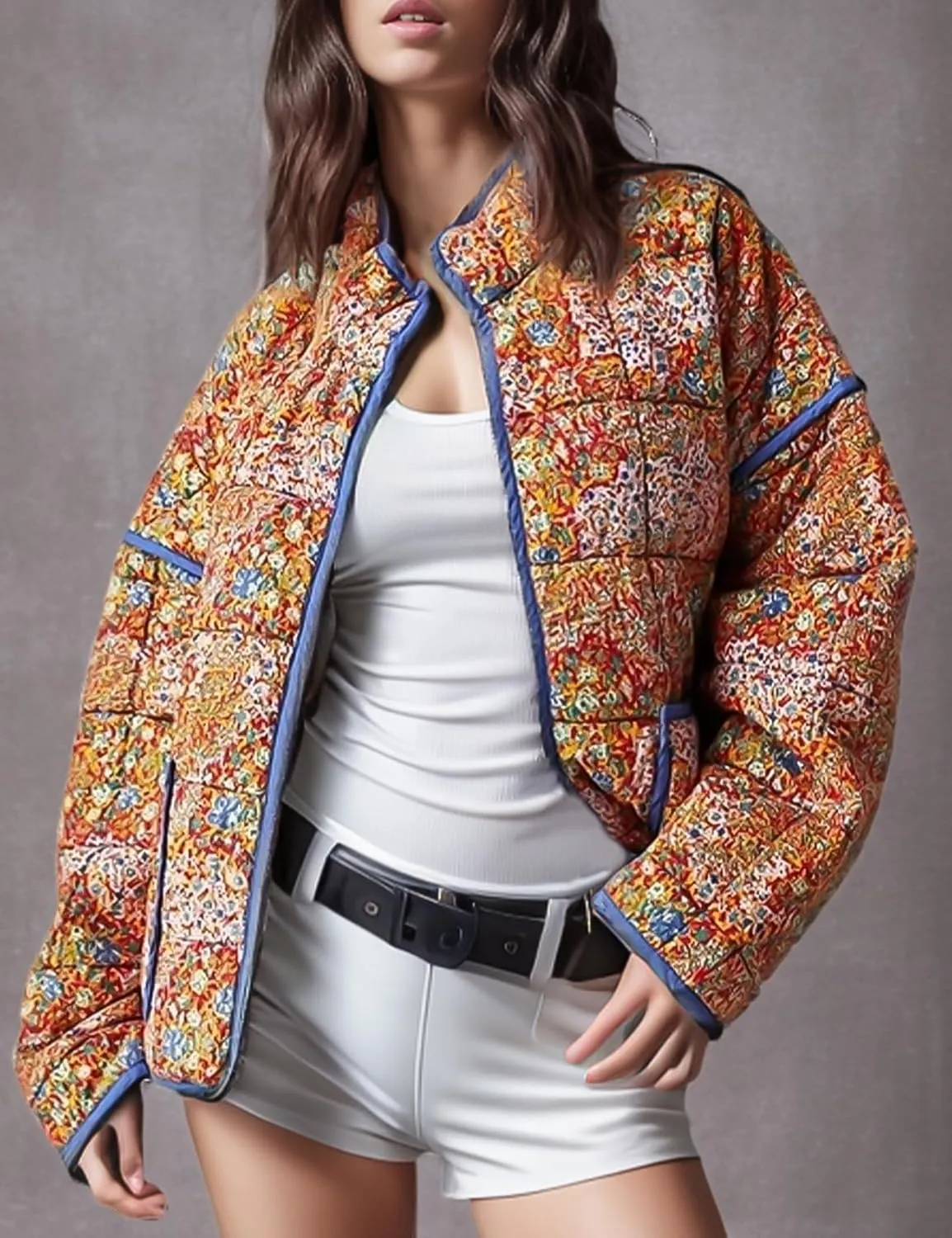 Wyeysyt Women's Cropped Puffer Jacket Lightweight Floral Print Long Sleeve Padded Quilted Puffy Cardigan Coat