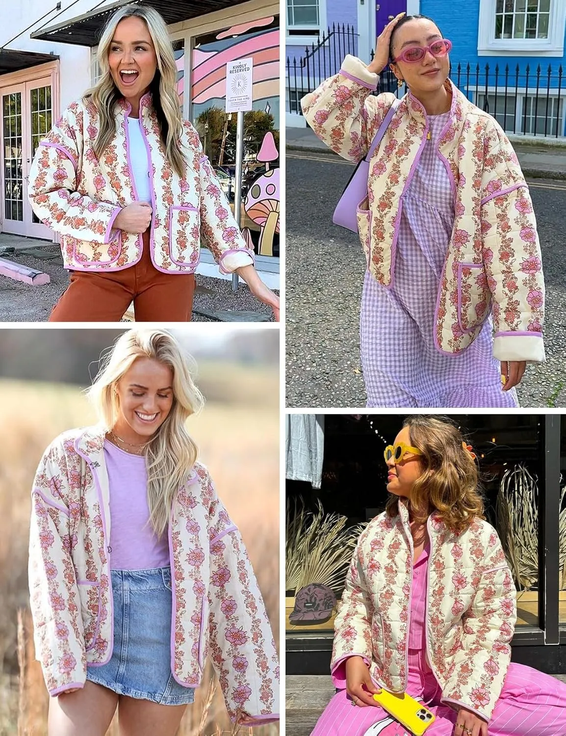 Wyeysyt Women's Cropped Puffer Jacket Lightweight Floral Print Long Sleeve Padded Quilted Puffy Cardigan Coat
