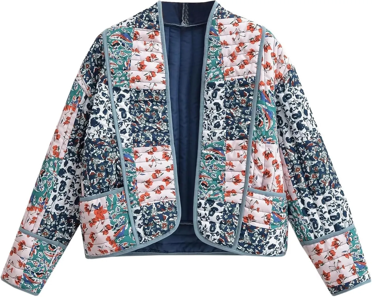 Wyeysyt Women's Cropped Puffer Quilted Jacket Cardigan Floral Printed Lightweight Long Sleeve Open Front Short Padded Coats