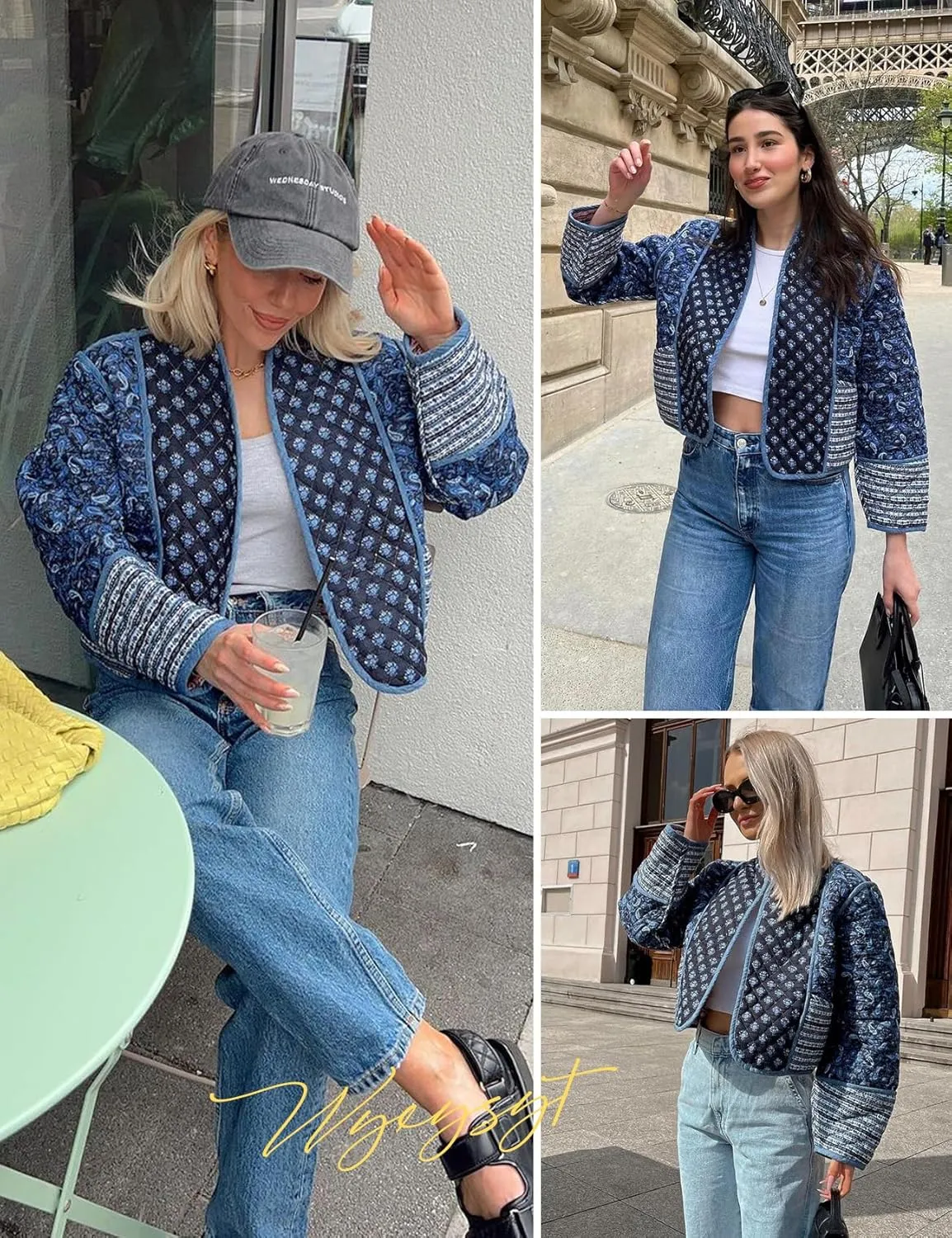 Wyeysyt Women's Cropped Puffer Quilted Jacket Cardigan Floral Printed Lightweight Long Sleeve Open Front Short Padded Coats