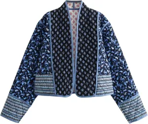 Wyeysyt Women's Cropped Puffer Quilted Jacket Cardigan Floral Printed Lightweight Long Sleeve Open Front Short Padded Coats
