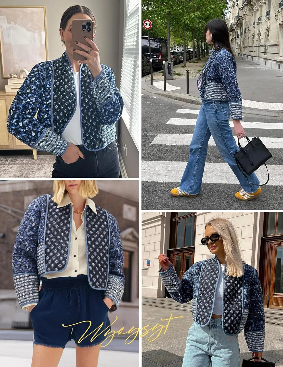 Wyeysyt Women's Cropped Puffer Quilted Jacket Cardigan Floral Printed Lightweight Long Sleeve Open Front Short Padded Coats