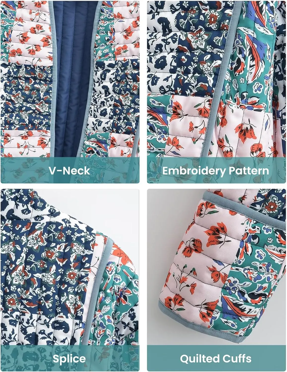 Wyeysyt Women's Cropped Puffer Quilted Jacket Cardigan Floral Printed Lightweight Long Sleeve Open Front Short Padded Coats