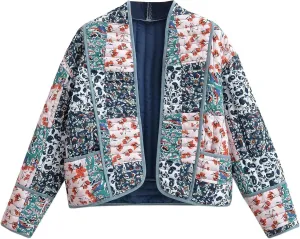 Wyeysyt Women's Cropped Puffer Quilted Jacket Cardigan Floral Printed Lightweight Long Sleeve Open Front Short Padded Coats