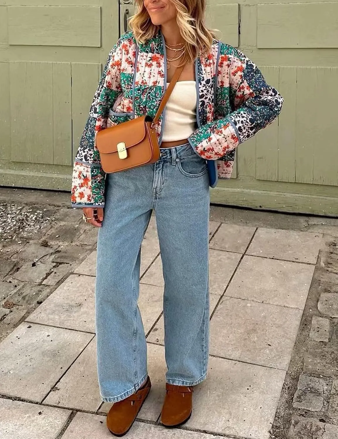 Wyeysyt Women's Cropped Puffer Quilted Jacket Cardigan Floral Printed Lightweight Long Sleeve Open Front Short Padded Coats