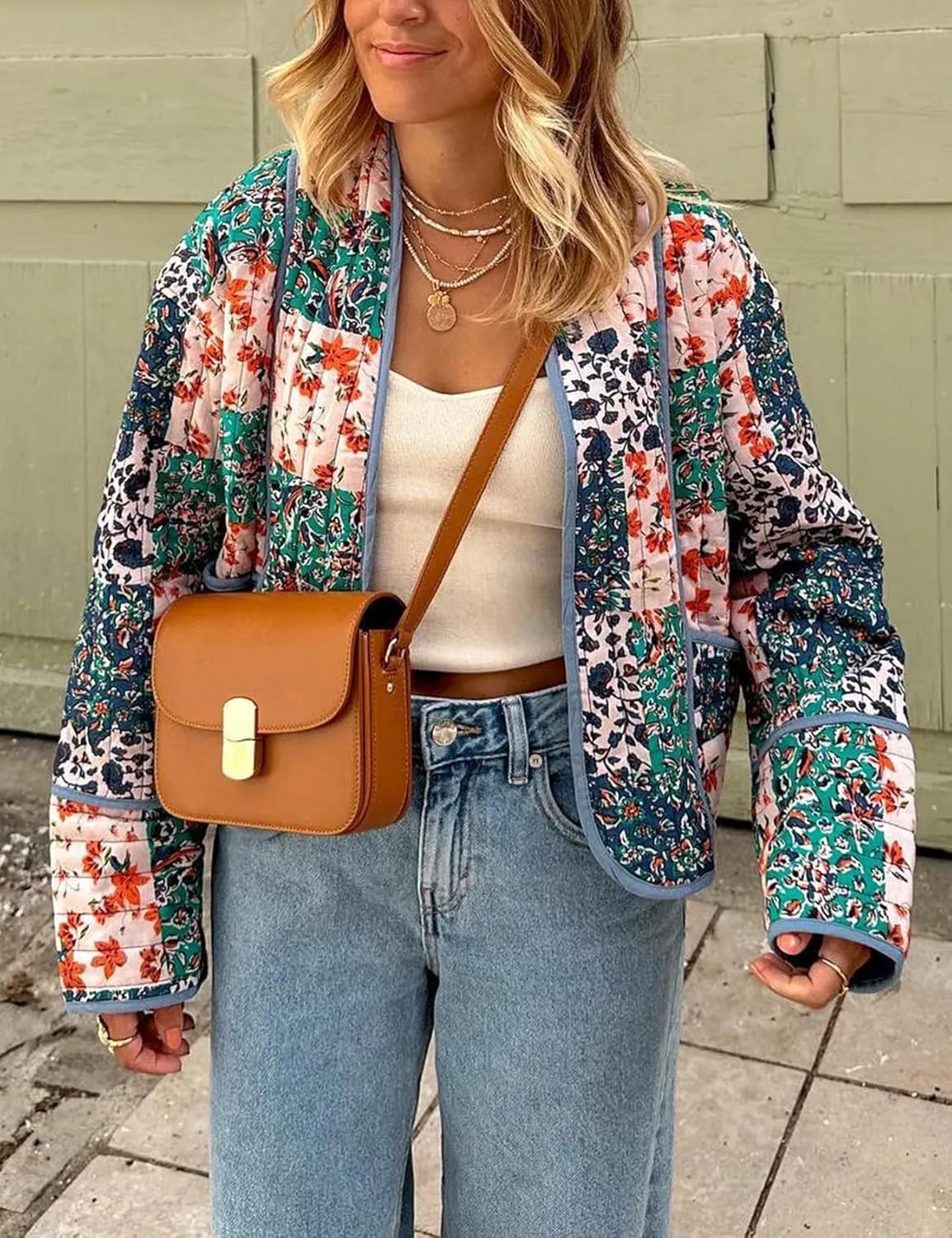 Wyeysyt Women's Cropped Puffer Quilted Jacket Cardigan Floral Printed Lightweight Long Sleeve Open Front Short Padded Coats