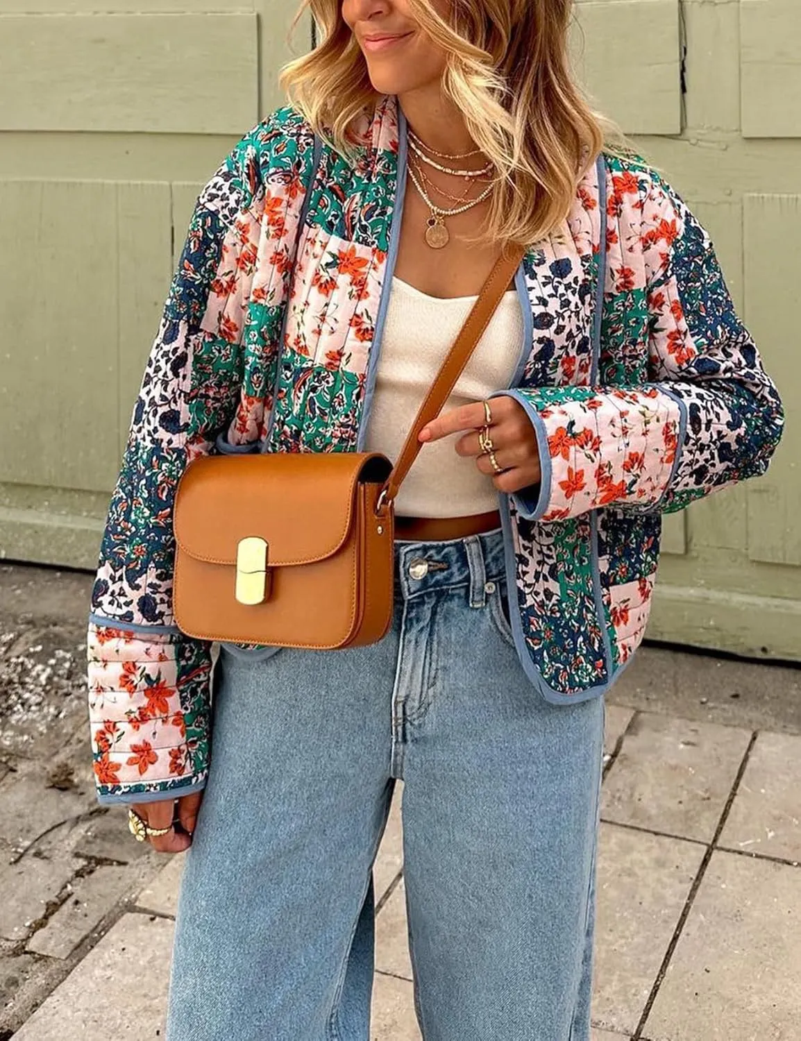 Wyeysyt Women's Cropped Puffer Quilted Jacket Cardigan Floral Printed Lightweight Long Sleeve Open Front Short Padded Coats
