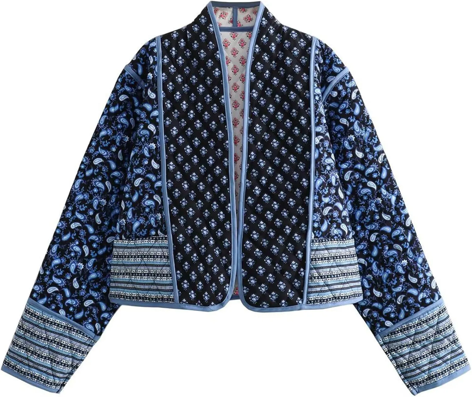 Wyeysyt Women's Cropped Puffer Quilted Jacket Cardigan Floral Printed Lightweight Long Sleeve Open Front Short Padded Coats