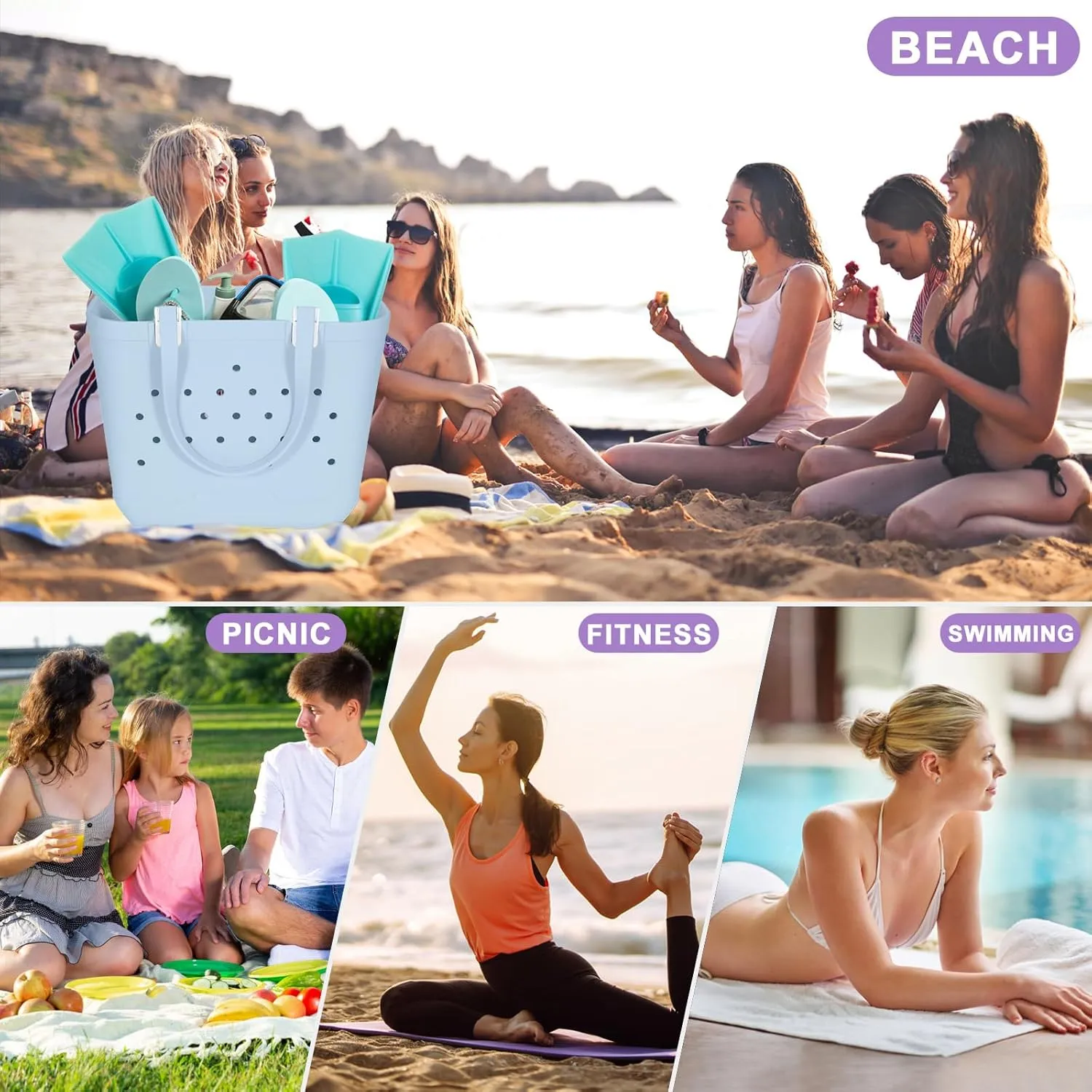 X-Large Beach Rubber Tote Bag Washable Travel Waterproof Sandproof Durable Modern Sports Handbag Groceries Pool