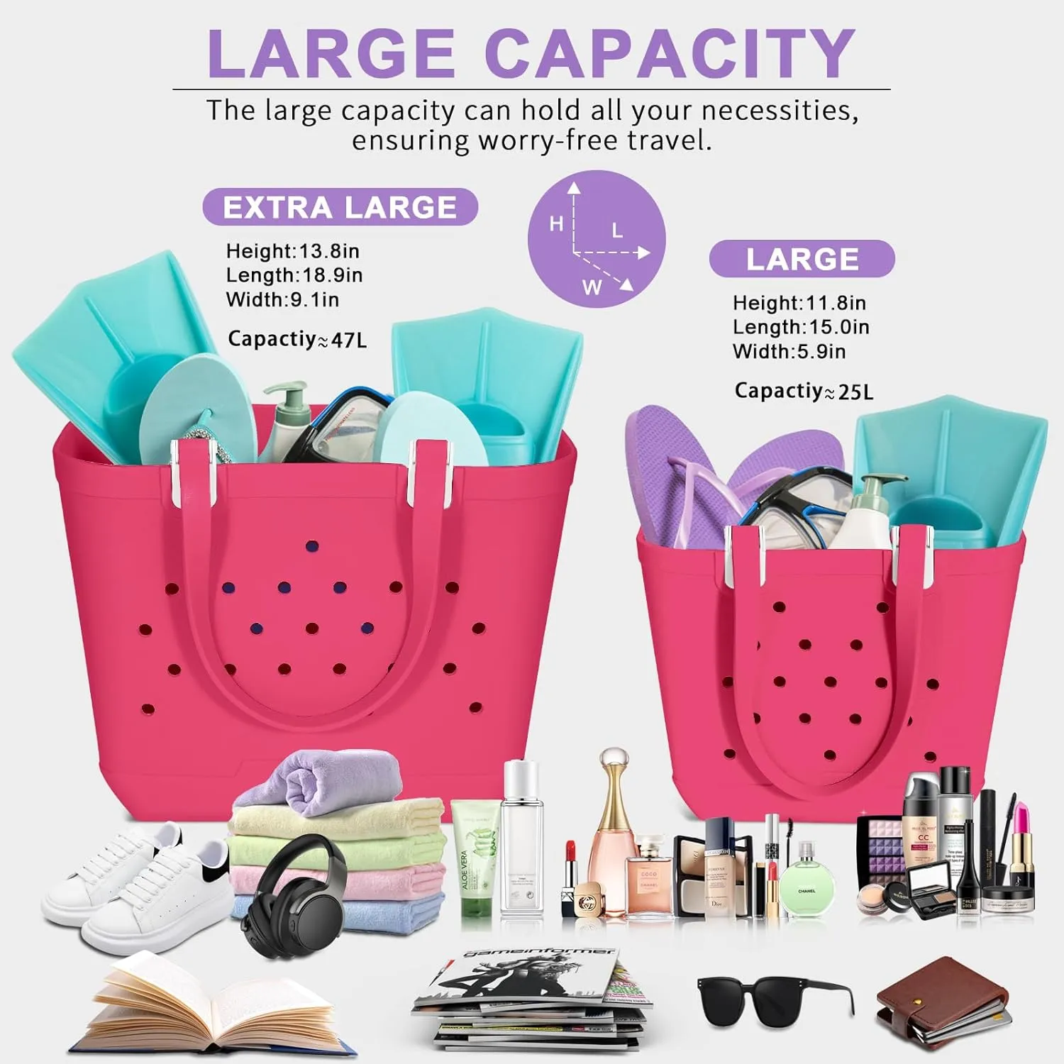 X-Large Beach Rubber Tote Bag Washable Travel Waterproof Sandproof Durable Modern Sports Handbag Groceries Pool