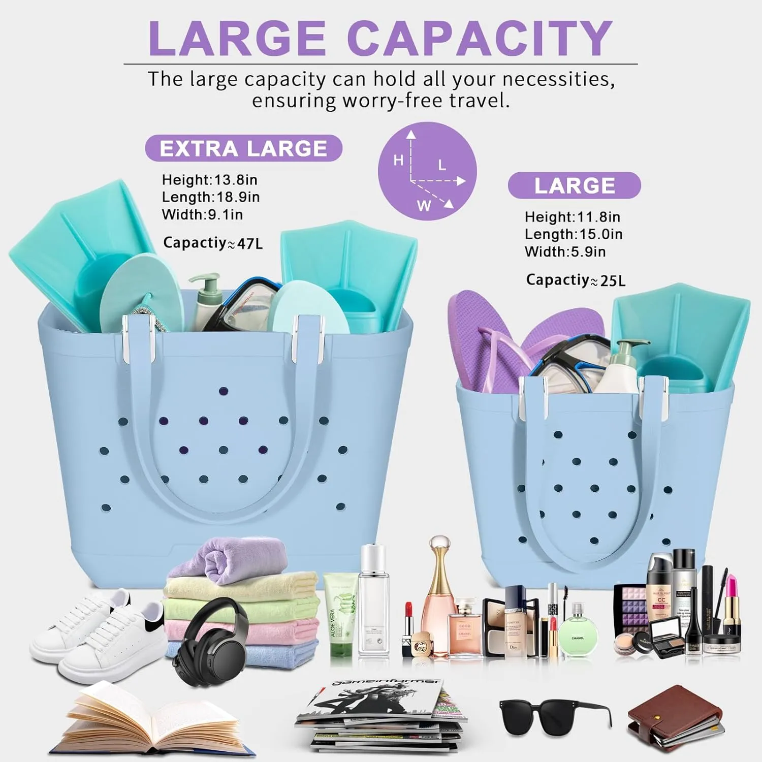 X-Large Beach Rubber Tote Bag Washable Travel Waterproof Sandproof Durable Modern Sports Handbag Groceries Pool
