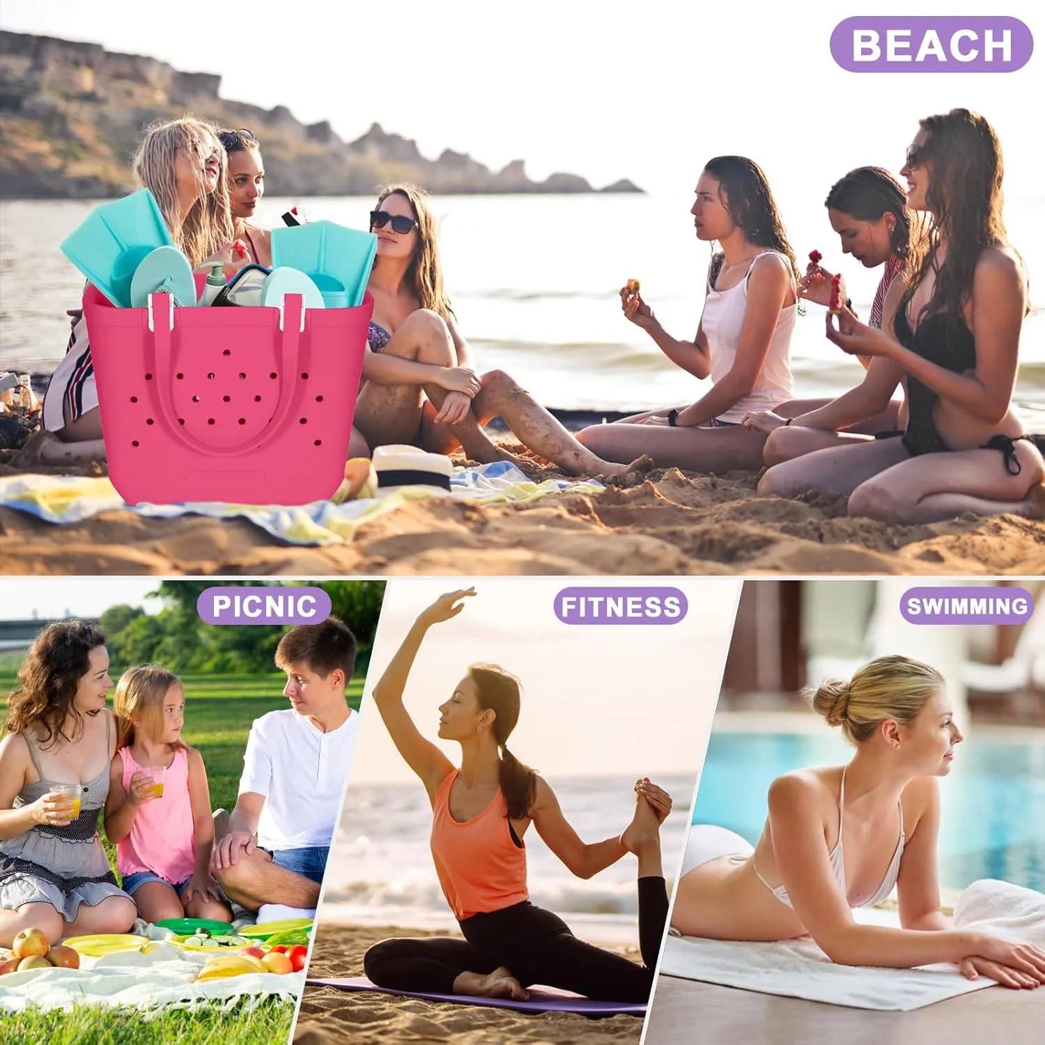 X-Large Beach Rubber Tote Bag Washable Travel Waterproof Sandproof Durable Modern Sports Handbag Groceries Pool