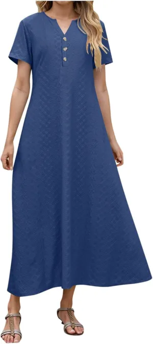 Xiaojmake Womens Short Sleeve V Neck Eyelet Long Maxi Dress Trendy Elegant Button Full Length Casual Crochet Swing Sundresses