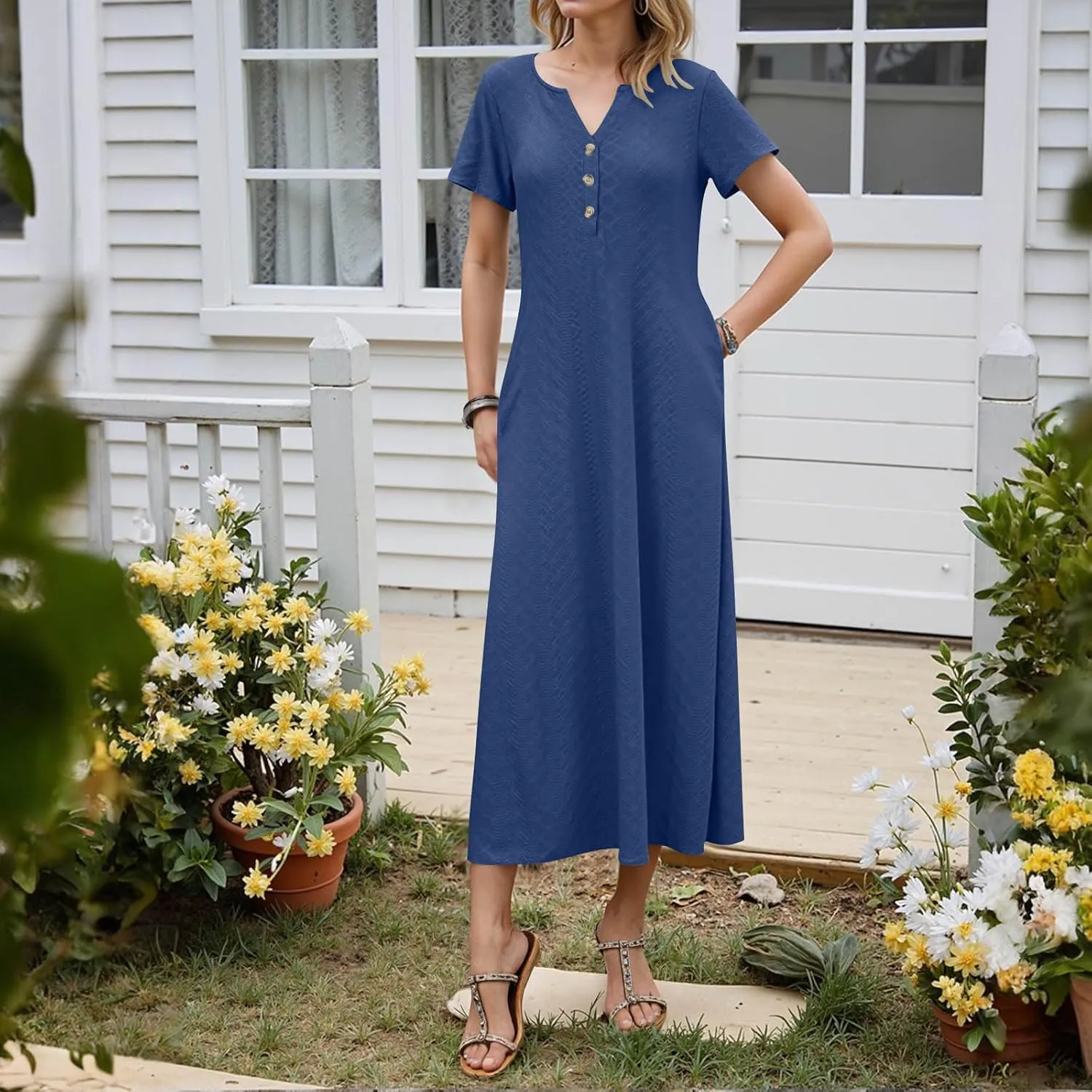 Xiaojmake Womens Short Sleeve V Neck Eyelet Long Maxi Dress Trendy Elegant Button Full Length Casual Crochet Swing Sundresses