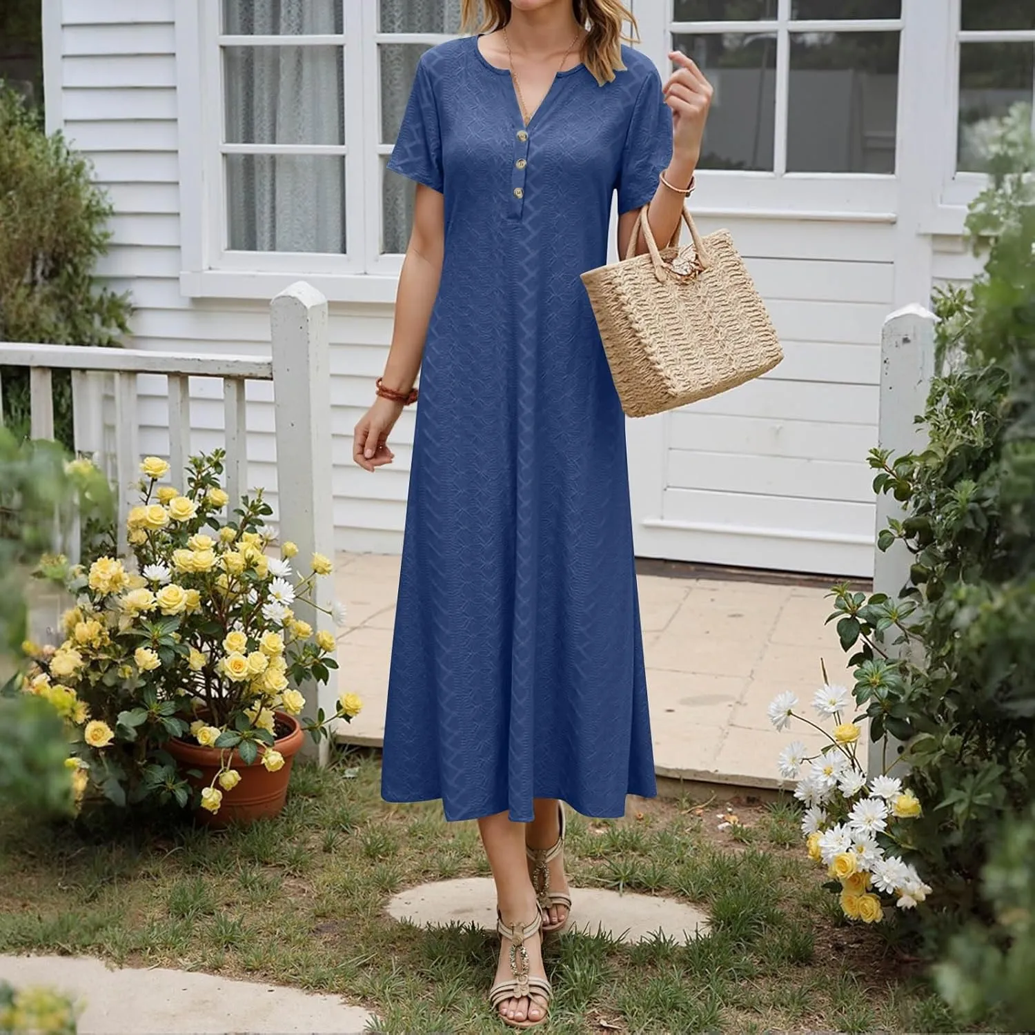 Xiaojmake Womens Short Sleeve V Neck Eyelet Long Maxi Dress Trendy Elegant Button Full Length Casual Crochet Swing Sundresses