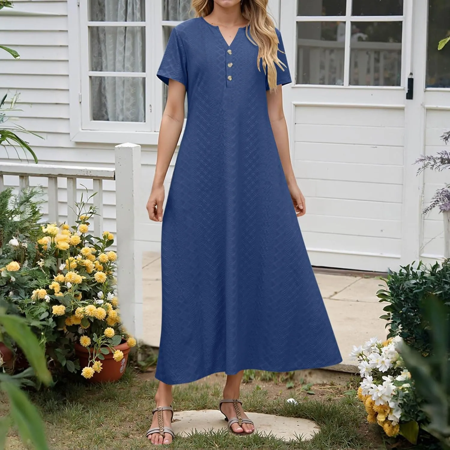 Xiaojmake Womens Short Sleeve V Neck Eyelet Long Maxi Dress Trendy Elegant Button Full Length Casual Crochet Swing Sundresses