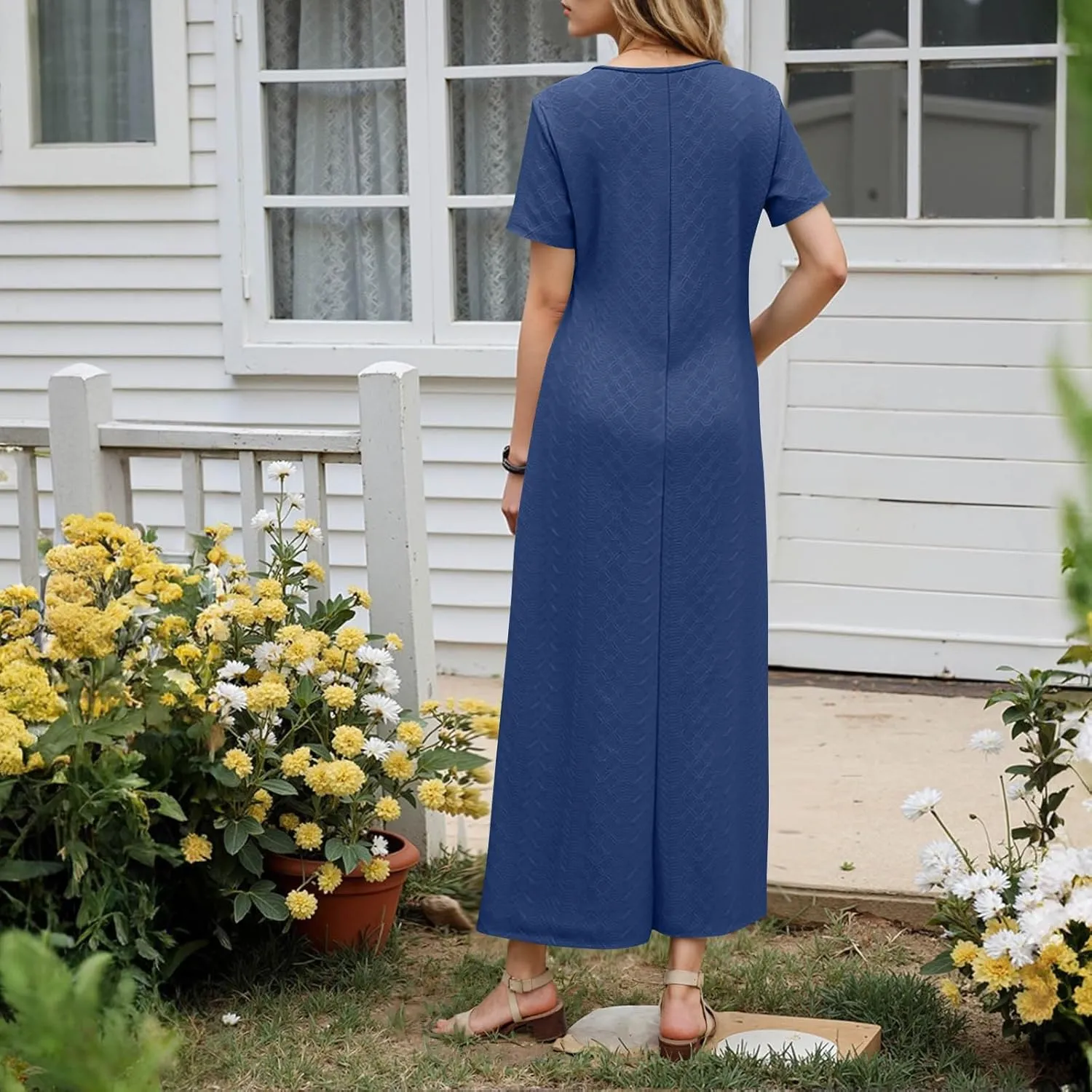 Xiaojmake Womens Short Sleeve V Neck Eyelet Long Maxi Dress Trendy Elegant Button Full Length Casual Crochet Swing Sundresses