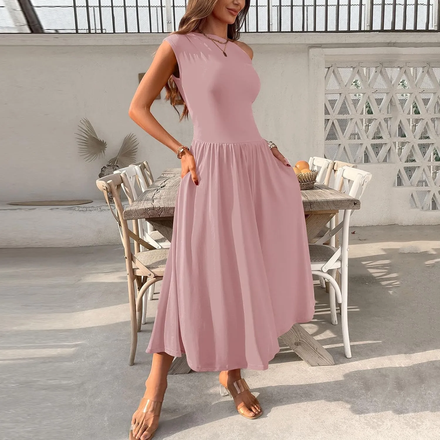 Xiaojmake Womens Summer Sleeveless Maxi Dress 2025 One Shoulder Ruched Casual Slim Swing Pleated Formal Dresses with Pockets