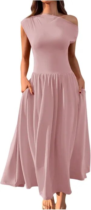 Xiaojmake Womens Summer Sleeveless Maxi Dress 2025 One Shoulder Ruched Casual Slim Swing Pleated Formal Dresses with Pockets