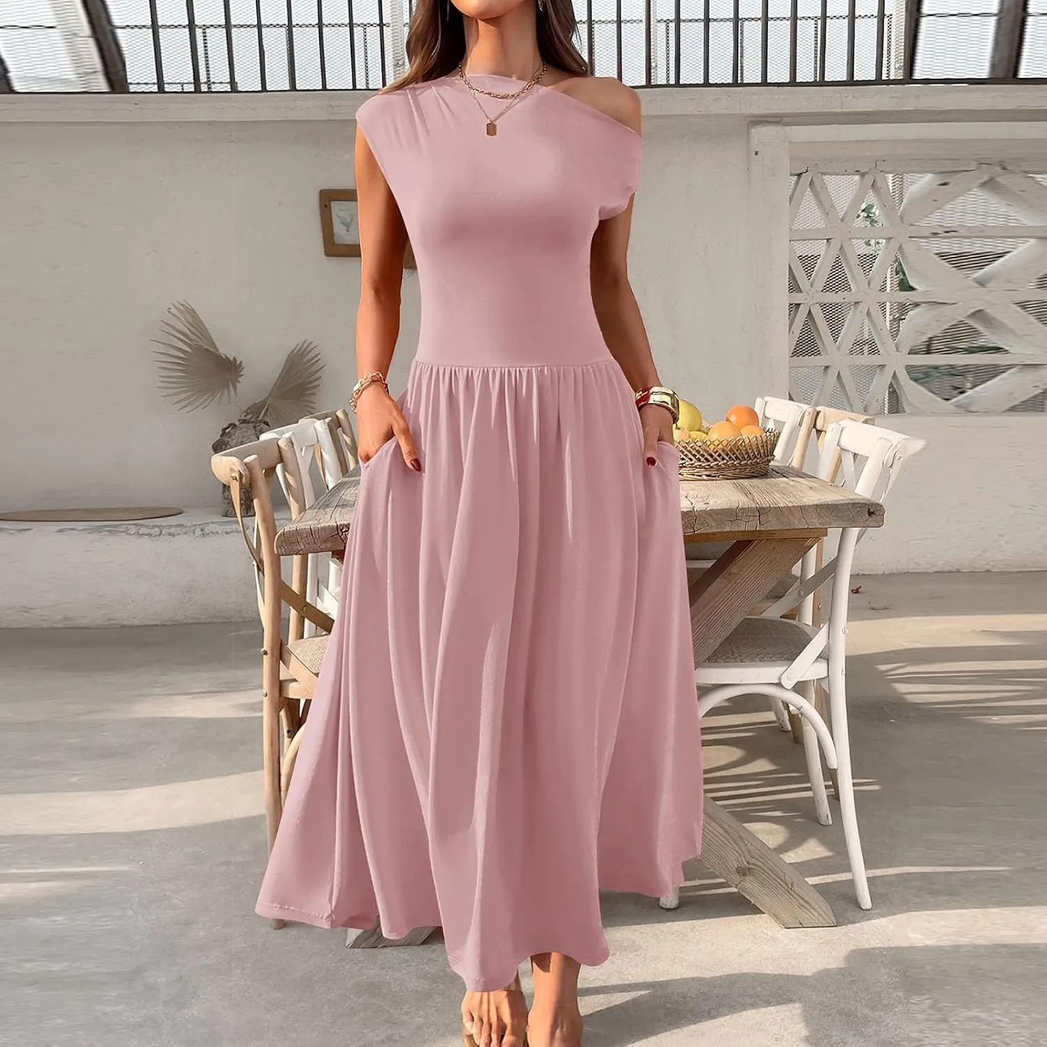 Xiaojmake Womens Summer Sleeveless Maxi Dress 2025 One Shoulder Ruched Casual Slim Swing Pleated Formal Dresses with Pockets