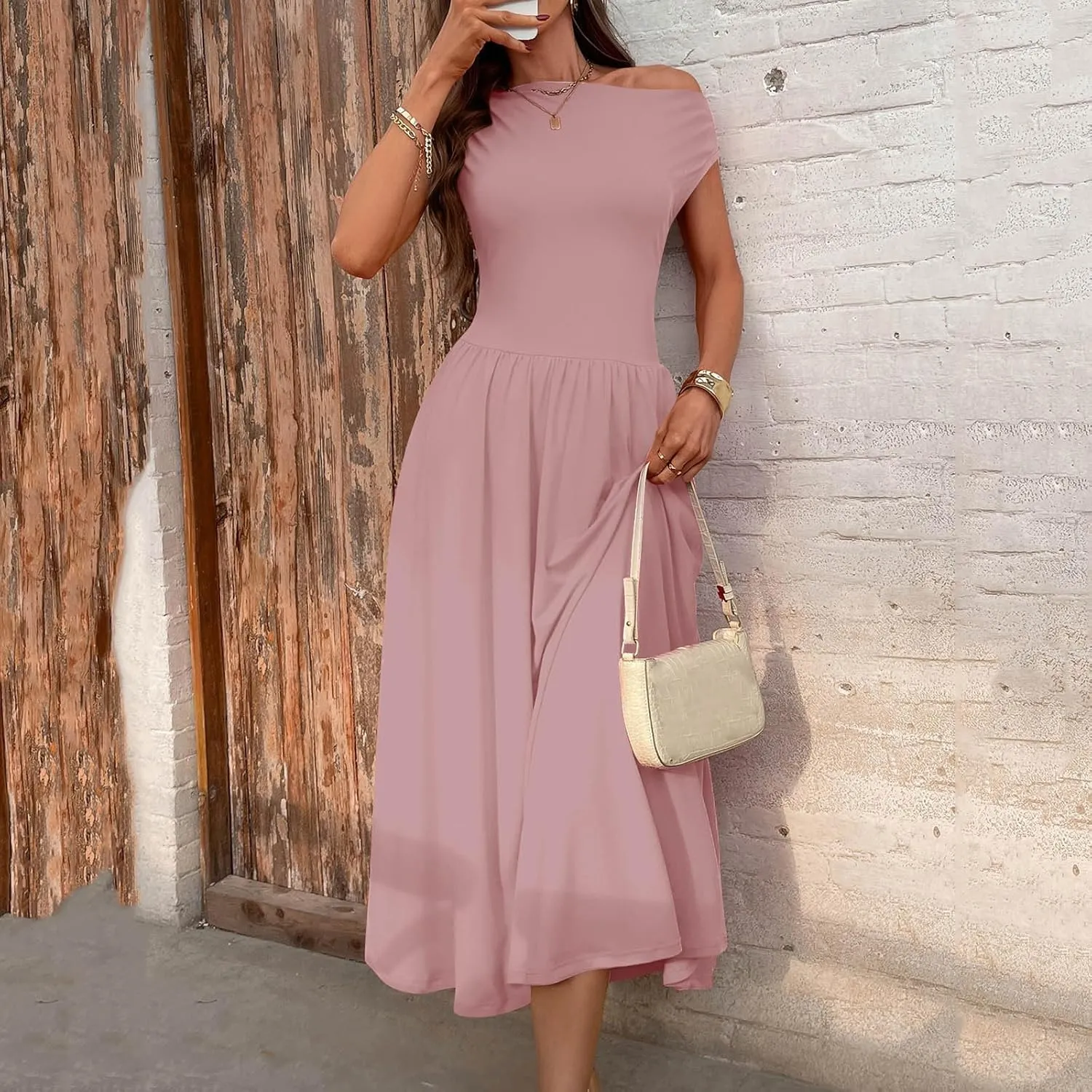 Xiaojmake Womens Summer Sleeveless Maxi Dress 2025 One Shoulder Ruched Casual Slim Swing Pleated Formal Dresses with Pockets
