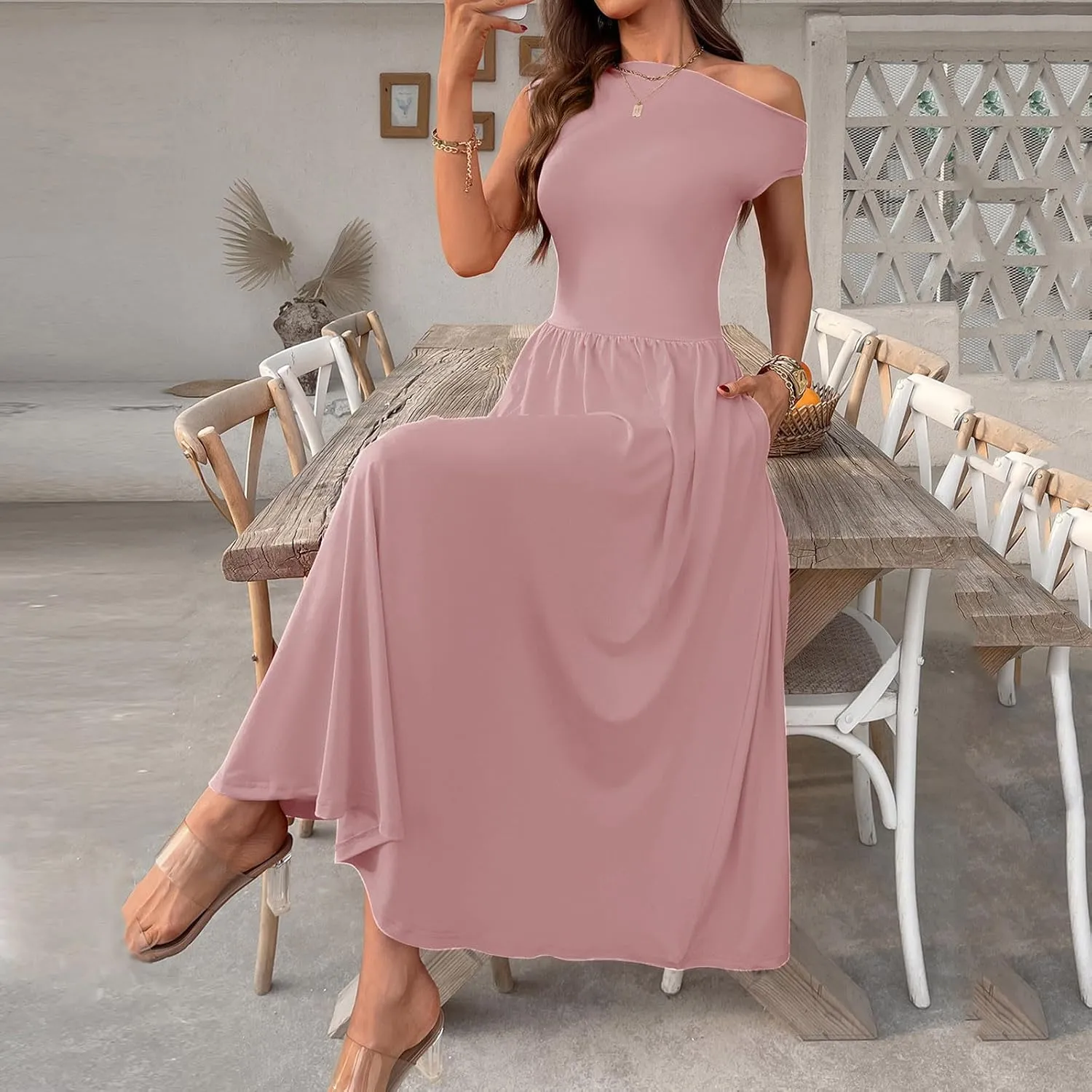 Xiaojmake Womens Summer Sleeveless Maxi Dress 2025 One Shoulder Ruched Casual Slim Swing Pleated Formal Dresses with Pockets