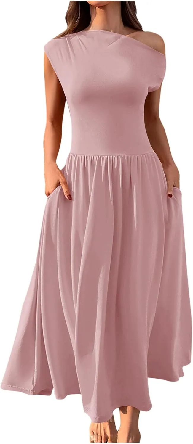 Xiaojmake Womens Summer Sleeveless Maxi Dress 2025 One Shoulder Ruched Casual Slim Swing Pleated Formal Dresses with Pockets