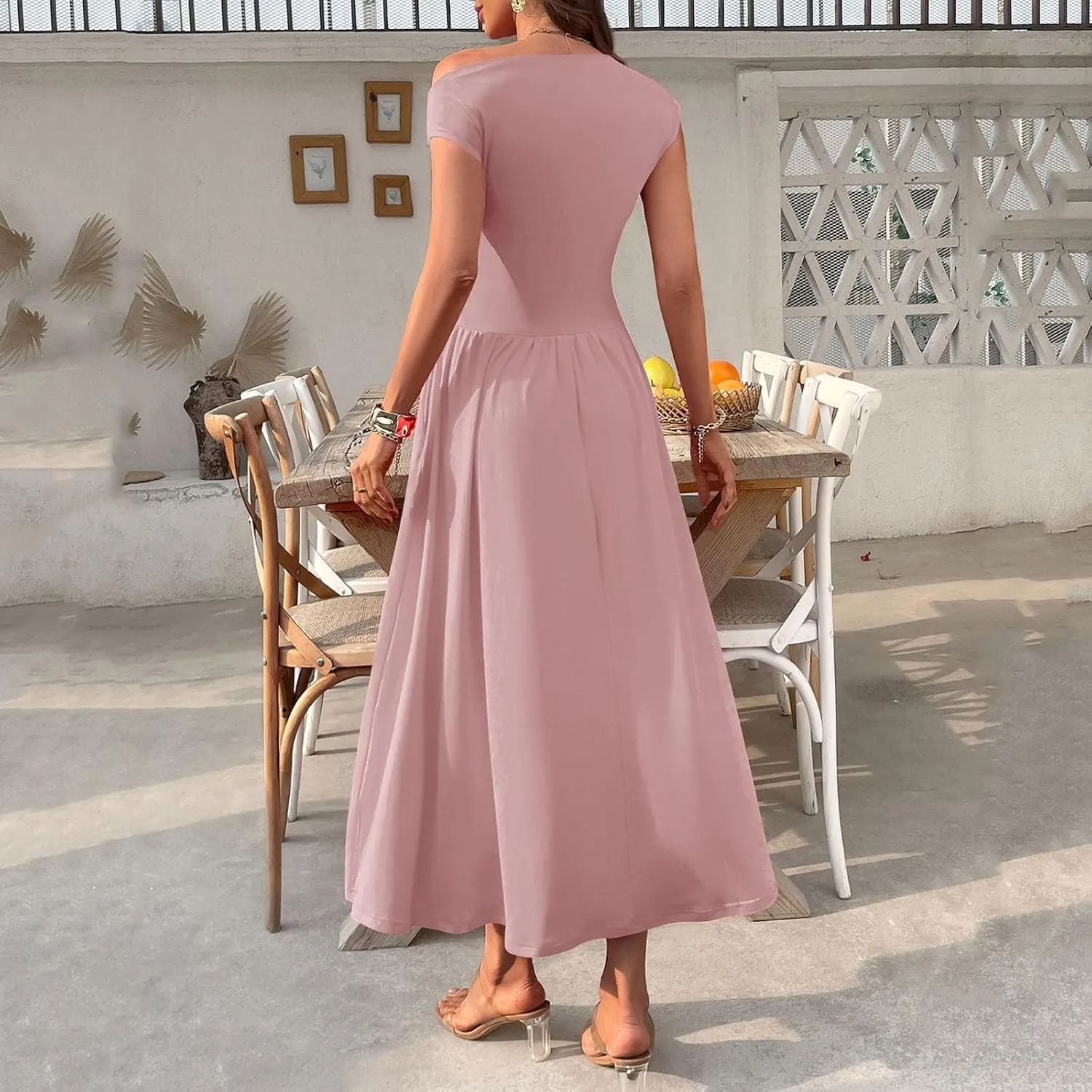 Xiaojmake Womens Summer Sleeveless Maxi Dress 2025 One Shoulder Ruched Casual Slim Swing Pleated Formal Dresses with Pockets