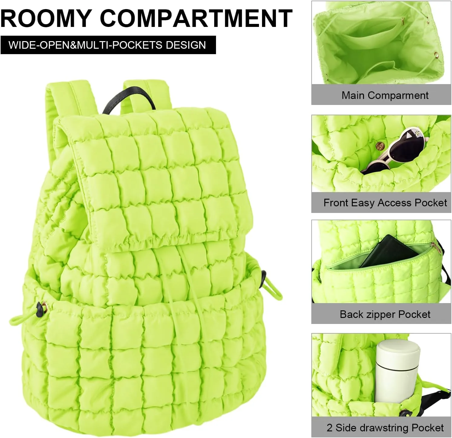 XSUIOY Quilted Backpack Purse for Women Small Lightweight Puffer Puffy College Laptop Backpack Nylon Casual Bookbag Daypack Top Flap Drawstring Padding Hiker Travel Gym Backpack(Green)
