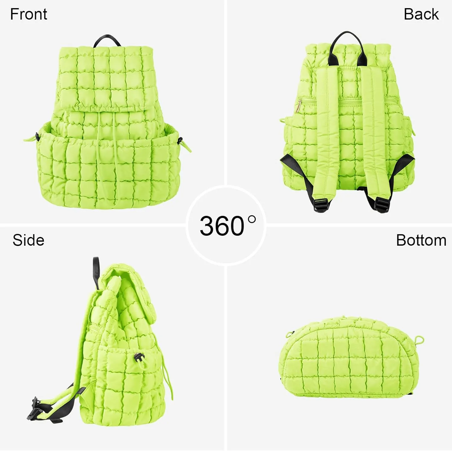XSUIOY Quilted Backpack Purse for Women Small Lightweight Puffer Puffy College Laptop Backpack Nylon Casual Bookbag Daypack Top Flap Drawstring Padding Hiker Travel Gym Backpack(Green)