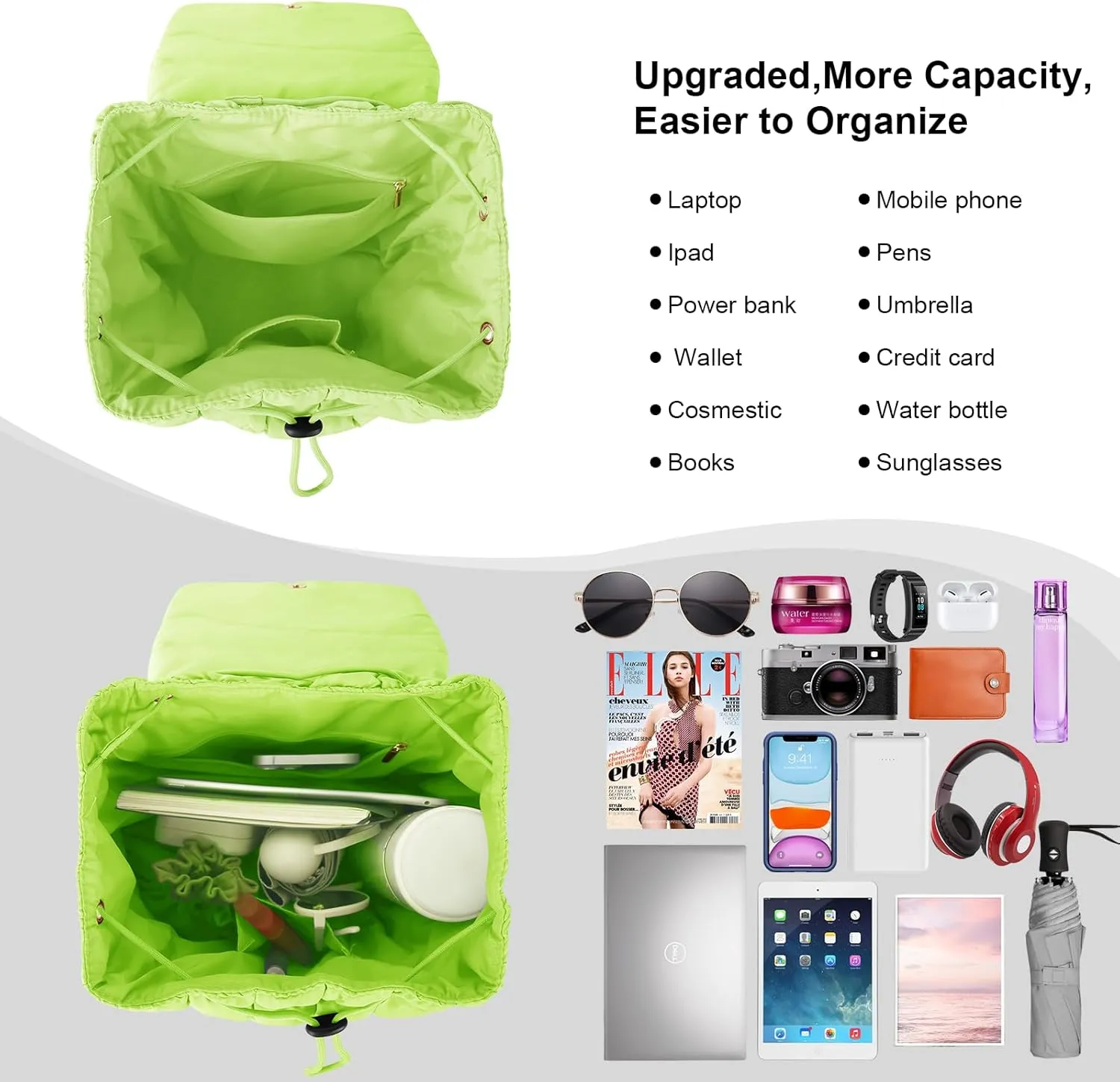 XSUIOY Quilted Backpack Purse for Women Small Lightweight Puffer Puffy College Laptop Backpack Nylon Casual Bookbag Daypack Top Flap Drawstring Padding Hiker Travel Gym Backpack(Green)